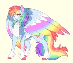 Size: 1023x884 | Tagged: safe, artist:wanderingpegasus, derpibooru import, rainbow dash, pegasus, pony, colored hooves, colored wings, confused, multicolored wings, pale belly, rainbow wings, simple background, solo, wings