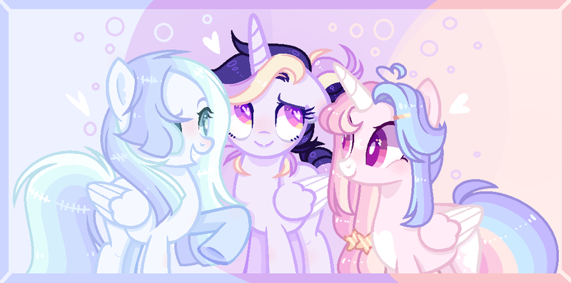 Size: 1127x559 | Tagged: safe, artist:nocturnal-moonlight, derpibooru import, oc, oc:astral moonlight, oc:celestial moon, oc:smooth blue, unofficial characters only, alicorn, pegasus, pony, base used, female, interdimensional siblings, magical lesbian spawn, mare, offspring, parent:rainbow dash, parent:twilight sparkle, parents:twidash