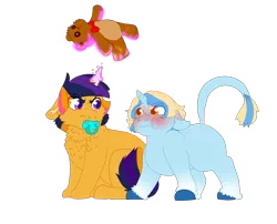 Size: 2100x1700 | Tagged: safe, artist:mintbubbie, derpibooru import, oc, oc:blue moon, oc:evening star, classical unicorn, pony, unicorn, baby, baby pony, blank flank, chest fluff, cloven hooves, colt, duo, floppy ears, leonine tail, levitation, magic, male, offspring, pacifier, parent:prince blueblood, parent:sunburst, parent:trixie, parent:twilight sparkle, parents:bluetrix, parents:twiburst, red face, simple background, teddy bear, telekinesis, transparent background, unshorn fetlocks