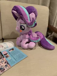 Size: 1536x2048 | Tagged: safe, artist:klplushies, derpibooru import, starlight glimmer, pony, unicorn, couch, cute, glimmerbetes, magazine, photo, plushie, reading, sitting, solo, tongue out