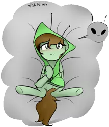 Size: 558x652 | Tagged: safe, artist:lofis, derpibooru import, oc, oc:mint chocolate, alien, pegasus, pony, area 51, bed, blushing, clothes, cloud, female, hoodie, laying on bed, on bed, september 20th, simple background, solo, tail, transparent background, wings