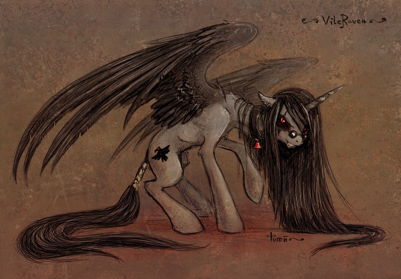 Size: 2280x1591 | Tagged: safe, artist:turonie, derpibooru import, oc, oc:vileraven, unofficial characters only, alicorn, pony, alicorn oc, art trade, bell, bell collar, black sclera, collar, cutie mark, eye scar, female, horn, large wings, looking at you, mare, raised hoof, scar, solo, spectacles, spread wings, tail wrap, traditional art, wings