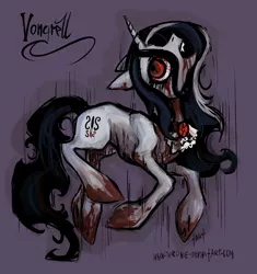 Size: 2720x2899 | Tagged: semi-grimdark, artist:turonie, derpibooru import, oc, oc:vongrell, unofficial characters only, pony, undead, unicorn, vampire, vampony, art trade, bleeding, blood, cutie mark, death, fangs, female, floppy ears, gothic, injured, mare, open mouth, simple background, solo