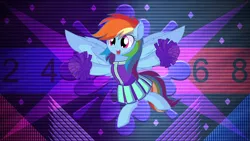 Size: 3840x2160 | Tagged: safe, artist:cyanlightning, artist:laszlvfx, derpibooru import, edit, rainbow dash, pegasus, pony, 2 4 6 greaaat, cheerleader outfit, cheerleader rainbow dash, clothes, female, mare, pom pom, solo, wallpaper, wallpaper edit