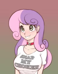 Size: 954x1200 | Tagged: adorasexy, artist:scorpdk, big breasts, blushing, breasts, busty sweetie belle, choker, clothes, cute, cutie mark earrings, derpibooru import, diasweetes, ear piercing, earring, female, grin, human, human female, humanized, imminent blowjob, imminent deepthroat, jewelry, older, older sweetie belle, piercing, sexy, shirt, smiling, solo, solo female, suggestive, sweetie belle, t-shirt, until the choker breaks