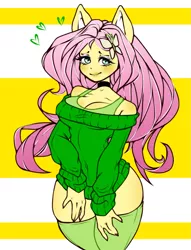 Size: 1143x1500 | Tagged: suggestive, artist:amz-iro, derpibooru import, fluttershy, anthro, bat pony, human, pegasus, abstract background, breasts, busty fluttershy, clothes, eared humanization, female, flutterbat, green stockings, humanized, race swap, socks, solo, solo female, stockings, sweater, sweatershy, thigh highs, wingless, wingless anthro