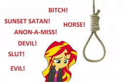 Size: 1696x1144 | Tagged: semi-grimdark, derpibooru import, idw, sunset shimmer, equestria girls, rainbow rocks, abuse, anon-a-miss, background pony strikes again, bullied, implied hanging, implied suicide, noose, sad, shimmerbuse, solo, suicide, sunsad shimmer, sunset being bullied, verbal abuse, vulgar, why