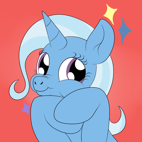 Size: 1200x1200 | Tagged: safe, artist:pavlovzdawg, derpibooru import, trixie, pony, unicorn, a horse shoe-in, scrunchy face, smiling, solo, sparkles