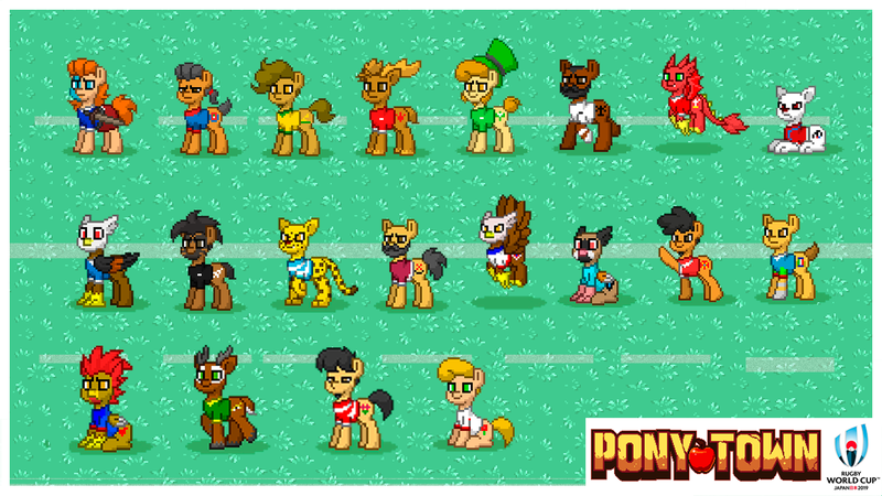 Size: 1366x768 | Tagged: safe, derpibooru import, bear, big cat, bird, dragon, eagle, earth pony, hybrid, moose, pony, puma, springbok, pony town, argentina, australia, canada, england, fiji, france, georgia, ireland, italy, japan, namibia, new zealand, rooster, rugby, rugby world cup, russia, samoa, scotland, south africa, southern lapwing, tonga, united states, uruguay, wales