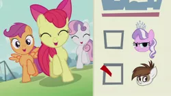 Size: 1280x720 | Tagged: safe, derpibooru import, screencap, apple bloom, diamond tiara, pipsqueak, scootaloo, sweetie belle, earth pony, pegasus, pony, unicorn, crusaders of the lost mark, cutie mark crusaders, election, photo, voting