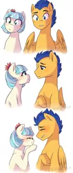 Size: 814x1920 | Tagged: safe, artist:triplestitch, derpibooru import, coco pommel, flash sentry, earth pony, pony, cocosentry, eye contact, female, looking at each other, male, mare, shipping, stallion, straight