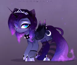 Size: 2750x2319 | Tagged: safe, artist:magnaluna, derpibooru import, princess luna, alicorn, pony, chest fluff, clothes, collar, cute, digital art, ear fluff, ethereal mane, eye clipping through hair, female, goth, hoof shoes, horn, horn jewelry, jewelry, leg fluff, lunabetes, mare, socks, spiked collar, striped socks, wing fluff, wing jewelry