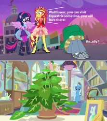 Size: 1280x1440 | Tagged: safe, derpibooru import, edit, edited screencap, screencap, phyllis, sci-twi, sunset shimmer, trixie, twilight sparkle, wallflower blush, a horse shoe-in, equestria girls, equestria girls series, forgotten friendship, bad end, comic, grammar error, plant, scitwilicorn, screencap comic, species swap, wallflower is a plant, wallflowerbuse, we are going to hell