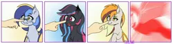 Size: 4096x1054 | Tagged: safe, artist:puetsua, derpibooru import, oc, oc:aurum fruitage, oc:chalk white, oc:eclipse lim, oc:neon darksky, unofficial characters only, bat pony, human, pony, bat pony oc, bat wings, boop, fangs, female, freckles, glasses, mare, motion blur, open mouth, raised eyebrow, raised hoof, smiling, wavy mouth, wings