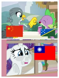 Size: 776x1024 | Tagged: china, derpibooru import, dragon dropped, edit, edited screencap, eqg flag-tag meme, female, gabby, male, politics, rarity, sad, safe, screencap, shipping, solomon islands, spabby, spike, straight, taiwan