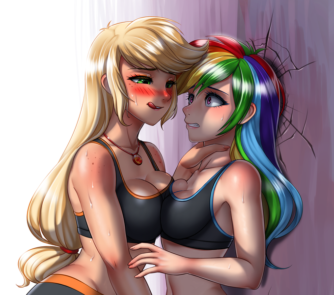 Size: 3035x2678 | Tagged: semi-grimdark, suggestive, artist:racoonsan, derpibooru import, edit, applejack, rainbow dash, human, against wall, appledash, asymmetrical docking, big breasts, blushing, breasts, busty applejack, busty rainbow dash, cleavage, clothes, cropped, female, females only, geode of super strength, high res, humanized, implied sex, lesbian, licking, licking lips, magical geodes, sexy, shipping, shorts, sports bra, stupid sexy applejack, stupid sexy rainbow dash, super strength, this will end in snu snu, tongue out