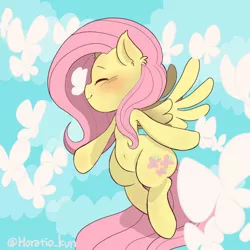 Size: 1000x1000 | Tagged: safe, artist:horatio_kun, derpibooru import, fluttershy, butterfly, pegasus, pony, blushing, cute, ear fluff, eyes closed, female, mare, profile, shyabetes, solo, spread wings, wings