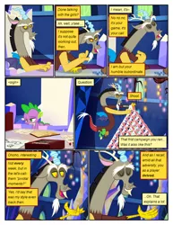 Size: 612x792 | Tagged: safe, artist:newbiespud, derpibooru import, edit, edited screencap, screencap, discord, spike, draconequus, dragon, pony, comic:friendship is dragons, book, card, comic, dialogue, eyes closed, house of cards, male, screencap comic, sitting, slit eyes