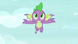 Size: 1280x720 | Tagged: safe, derpibooru import, screencap, spike, dragon, father knows beast, baby, baby dragon, claws, cloud, cute, fangs, flying, male, sky, slit eyes, solo, spikabetes, spread wings, toes, winged spike, wings