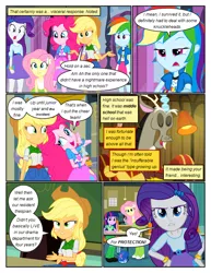 Size: 612x792 | Tagged: safe, artist:newbiespud, derpibooru import, edit, edited screencap, screencap, applejack, discord, fluttershy, pinkie pie, rainbow dash, rarity, twilight sparkle, draconequus, pony, comic:friendship is dragons, equestria girls, equestria girls (movie), bracelet, chalkboard, classroom, clothes, comic, cutie mark, cutie mark on clothes, dialogue, female, freckles, frown, glare, hand on hip, hat, humane five, jewelry, male, screencap comic, sitting, smiling, unamused