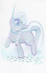Size: 1590x2495 | Tagged: safe, artist:justasuta, derpibooru import, silver spoon, earth pony, pony, balancing, cute, female, filly, ponies balancing stuff on their nose, silverbetes, simple background, solo, spoon, traditional art, white background