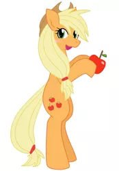 Size: 837x1200 | Tagged: safe, artist:galdyearth, derpibooru import, applejack, earth pony, pony, apple, bipedal, blush sticker, blushing, cute, female, food, jackabetes, mare, open mouth, pixiv, simple background, solo, white background