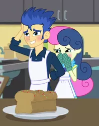 Size: 460x583 | Tagged: safe, derpibooru import, screencap, bon bon, flash sentry, sweetie drops, acadeca, equestria girls, friendship games, apron, baking, blushing, brad, bread, clothes, cropped, cute, diasentres, embarrassed, epic fail, fail, food, how, i just don't know what went wrong, oven mitts, you had one job