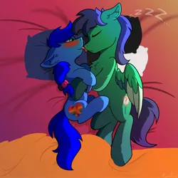 Size: 2000x2000 | Tagged: safe, artist:aurorafang, derpibooru import, oc, oc:aqua jo, oc:magnifying glass, earth pony, pegasus, pony, bed, blushing, bow, bracelet, colt, commission, cuddling, female, filly, floppy ears, holding each other, jewelry, licking, male, oc x oc, pillow, shipping, sleeping, snuggling, spread wings, tongue out, wings, ych result