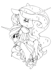 Size: 2388x3144 | Tagged: safe, artist:longinius, derpibooru import, princess luna, oc, oc:silk lace, alicorn, pony, unicorn, alternate hairstyle, black and white, canon x oc, crying, ear piercing, earring, female, grayscale, hoof shoes, hug, jewelry, lineart, mare, monochrome, piercing, sad, shipping, smiling