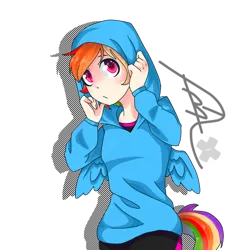 Size: 768x768 | Tagged: safe, artist:eyelessjackssis, derpibooru import, rainbow dash, human, clothes, cute, dashabetes, female, hoodie, humanized, simple background, solo, tailed humanization, transparent background, winged humanization, wings