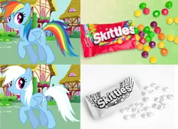 Size: 2312x1677 | Tagged: safe, artist:anxet, derpibooru import, edit, rainbow dash, pegasus, pony, candy, female, food, looking back, mare, rainbow-less dash, skittles, solo, trotting, white hair