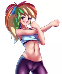 Size: 3000x3600 | Tagged: safe, artist:rockset, derpibooru import, rainbow dash, human, anime, belly button, clothes, crotch bulge, female, humanized, image, looking at you, midriff, pants, png, ponytail, shirt, side knot midriff, simple background, smiling, solo, spats, stretching, white background, yoga pants