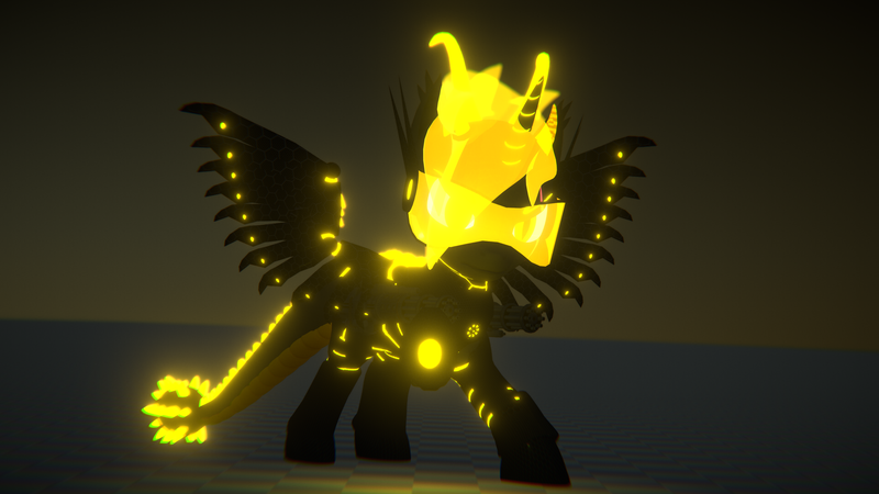 Size: 3840x2160 | Tagged: safe, artist:phoenixtm, derpibooru import, oc, oc:phoenix stardash, dracony, dragon, hybrid, pony, 3d, angry, battle stance, cyborg dracony, dracony alicorn, ethereal mane, glowing eyes, glowing horn, horn, minigun, night, spread wings, weapon, wings