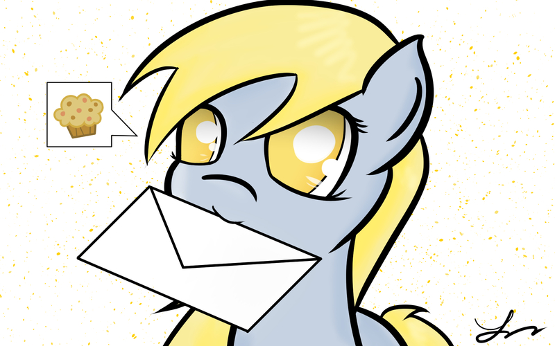 Size: 1920x1200 | Tagged: safe, artist:laptop-pone, derpibooru import, derpy hooves, pony, cute, derpabetes, female, food, letter, mare, mouth hold, muffin, no pupils, pictogram, solo, speech bubble