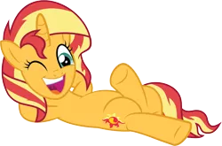 Size: 5340x3517 | Tagged: safe, artist:wissle, derpibooru import, sunset shimmer, pony, unicorn, a horse shoe-in, absurd resolution, arm behind head, crossed legs, cute, female, happy, looking at you, mare, on back, one eye closed, open mouth, reclining, shimmerbetes, simple background, solo, sunset shimmer day, transparent background, vector, wink