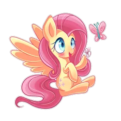 Size: 2000x2000 | Tagged: safe, artist:soloya64, derpibooru import, fluttershy, butterfly, pegasus, pony, blushing, cute, female, mare, shyabetes, simple background, sitting, solo, spread wings, transparent background, wings