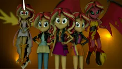 Size: 7680x4320 | Tagged: safe, artist:fazbearsparkle, derpibooru import, sunset shimmer, equestria girls, equestria girls series, 3d, alternate hairstyle, clothes, daydream shimmer, dress, gradient background, looking at you, miniskirt, multeity, pants, self paradox, skirt, source filmmaker, sunset satan