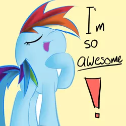 Size: 2000x2000 | Tagged: safe, artist:strangemoose, derpibooru import, rainbow dash, pony, awesome, cute, dashabetes, exclamation point, eyes closed, female, floppy ears, haughty, mare, narcissism, nose in the air, open mouth, simple background, solo, yellow background