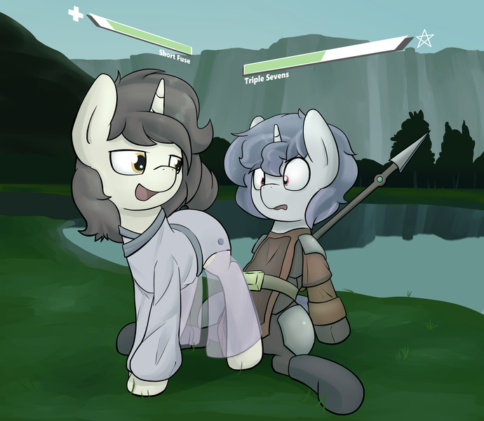 Size: 2580x2243 | Tagged: suggestive, artist:triplesevens, derpibooru import, oc, oc:short fuse, oc:triple sevens, unofficial characters only, pony, unicorn, armor, bedroom eyes, clothes, cute, duo, gay, healer, male, mmo, mountain, outdoors, river, sitting, spear, suprised look, tree, video game, weapon