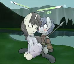 Size: 2580x2243 | Tagged: suggestive, alternate version, artist:triplesevens, derpibooru import, oc, oc:short fuse, oc:triple sevens, unofficial characters only, pony, armor, bedroom eyes, clothes, cute, duo, gay, healer, health bars, life bar, male, mmo, mountain, outdoors, river, sitting, spear, suprised look, tree, weapon
