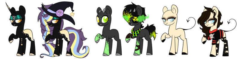 Size: 2272x567 | Tagged: safe, artist:celestial-rue0w0, artist:lullabyprince, derpibooru import, oc, oc:acute toxicity, oc:lustful thrill, oc:pyrite (witch), unofficial characters only, earth pony, pony, unicorn, bandage, bandana, base used, blank flank, clothes, eyepatch, eyeshadow, female, fishnets, flower, freckles, friday the 13th, hat, heterochromia, horns, jason voorhees, makeup, male, mare, markings, multicolored hair, raised hoof, rose, serial killer, shirt, simple background, socks, stallion, stockings, t-shirt, tattoo, thigh highs, torn clothes, transparent background, unshorn fetlocks, witch, witch hat