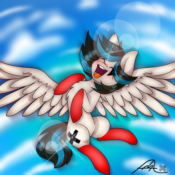 Size: 768x768 | Tagged: safe, artist:eyelessjackssis, derpibooru import, oc, oc:eyeless, unofficial characters only, pegasus, pony, eyes closed, female, happy, mare, open mouth, solo, spread wings, wings