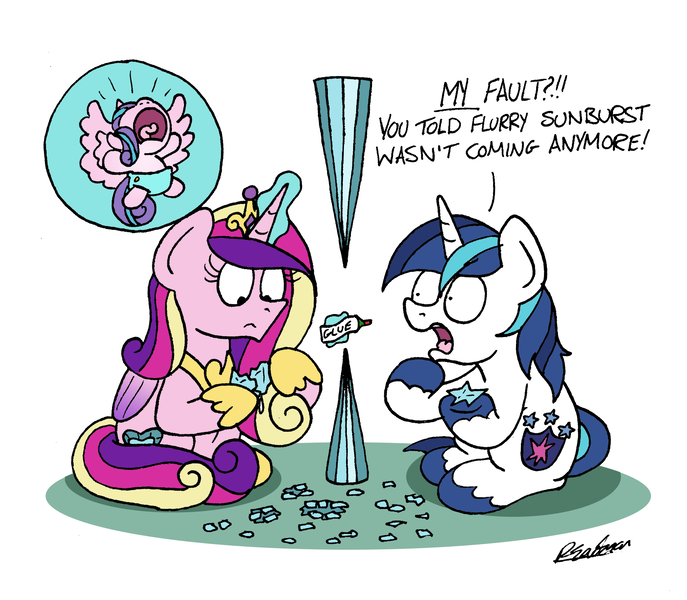 Size: 2214x1933 | Tagged: safe, artist:bobthedalek, derpibooru import, princess cadance, princess flurry heart, shining armor, alicorn, pony, unicorn, a horse shoe-in, broken, crying, crystal heart, dialogue, fixing, glue, implied sunburst, magic, magic bubble, screaming, shards, telekinesis, this will not end well