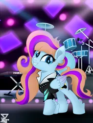 Size: 1780x2343 | Tagged: safe, artist:theretroart88, derpibooru import, oc, oc:bittersweet, unofficial characters only, pegasus, pony, 80s, clothes, concert, cutie mark, drum kit, drums, female, mare, microphone, movie accurate, musical instrument, smiling, solo, stage, yamaha