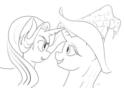 Size: 1167x832 | Tagged: safe, artist:ciaran, derpibooru import, starlight glimmer, trixie, pony, unicorn, angry, black and white, duo, female, grayscale, looking at each other, mare, monochrome, simple background, sketch, sweat, sweatdrop, white background, worried