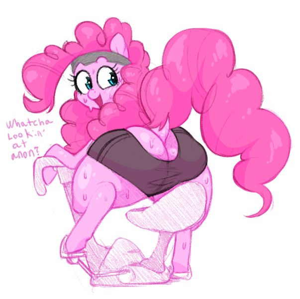 Size: 879x874 | Tagged: questionable, artist:whydomenhavenipples, derpibooru import, pinkie pie, earth pony, pony, balloonbutt, butt, clothes, dock, exercise, female, impossibly large plot, large butt, looking at you, mare, open mouth, plot, question, shorts, smiling, sweat, the ass was fat, workout, workout outfit