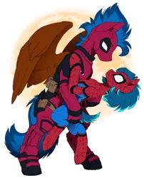 Size: 2640x3263 | Tagged: safe, artist:arctic-fox, derpibooru import, oc, oc:ash wing, oc:nimble wing, unofficial characters only, earth pony, pegasus, pony, clothes, cosplay, costume, deadpool, eye contact, female, holding, looking at each other, male, mare, moon, shipping, simple background, size difference, spider-man, spread wings, stallion, wings