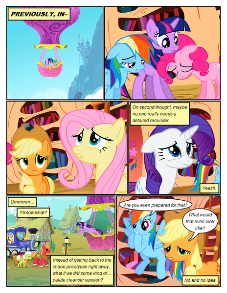 Size: 612x792 | Tagged: safe, artist:newbiespud, derpibooru import, edit, edited screencap, screencap, applejack, big macintosh, fluttershy, granny smith, pinkie pie, rainbow dash, rarity, spike, twilight sparkle, earth pony, pegasus, pony, unicorn, comic:friendship is dragons, book, bookcase, canterlot, comic, dialogue, eyes closed, female, flying, frown, golden oaks library, hat, hot air balloon, looking down, male, mane seven, mane six, mare, sad, screencap comic, stallion, tired, unicorn twilight, unshorn fetlocks, wagon, worried, yoke