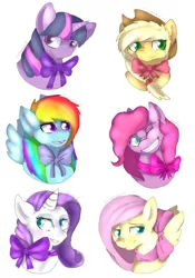 Size: 700x1000 | Tagged: safe, artist:goldypirate, derpibooru import, applejack, fluttershy, pinkie pie, rainbow dash, rarity, twilight sparkle, earth pony, pegasus, pony, unicorn, bow, bust, female, grin, mane six, mare, one eye closed, open mouth, simple background, smiling, white background, wink