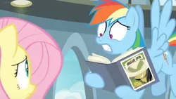 Size: 1600x900 | Tagged: safe, derpibooru import, screencap, fluttershy, rainbow dash, pegasus, pony, daring doubt, bag, female, flying, mare, nervous, paranoid, reading, saddle bag, scared